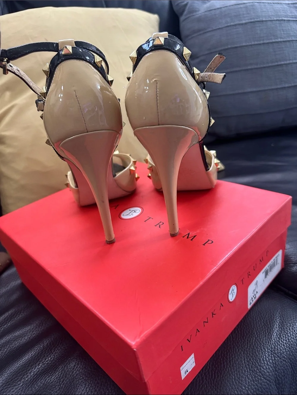 Studded Two-Tone Ankle Strap Peep-Toe Heels - Beige/Black